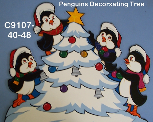 C9107Four Penguins Decorating Tree on Snow