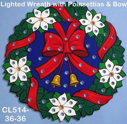 CL514Lighted Wreath with Poinsettias and Bow