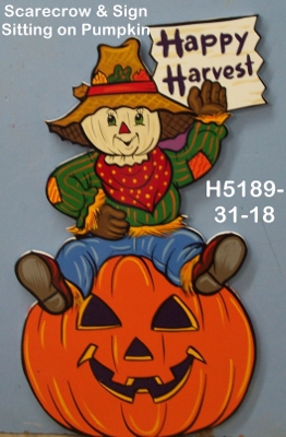 H518Scarecrow & Sign Sitting On Pumpkin